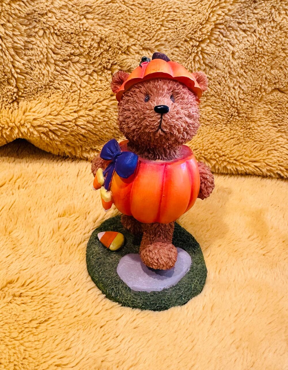 Vtg Halloween Resin Teddy Bear Figurine Wearing PUMPKIN Costume 7" Tall Decor